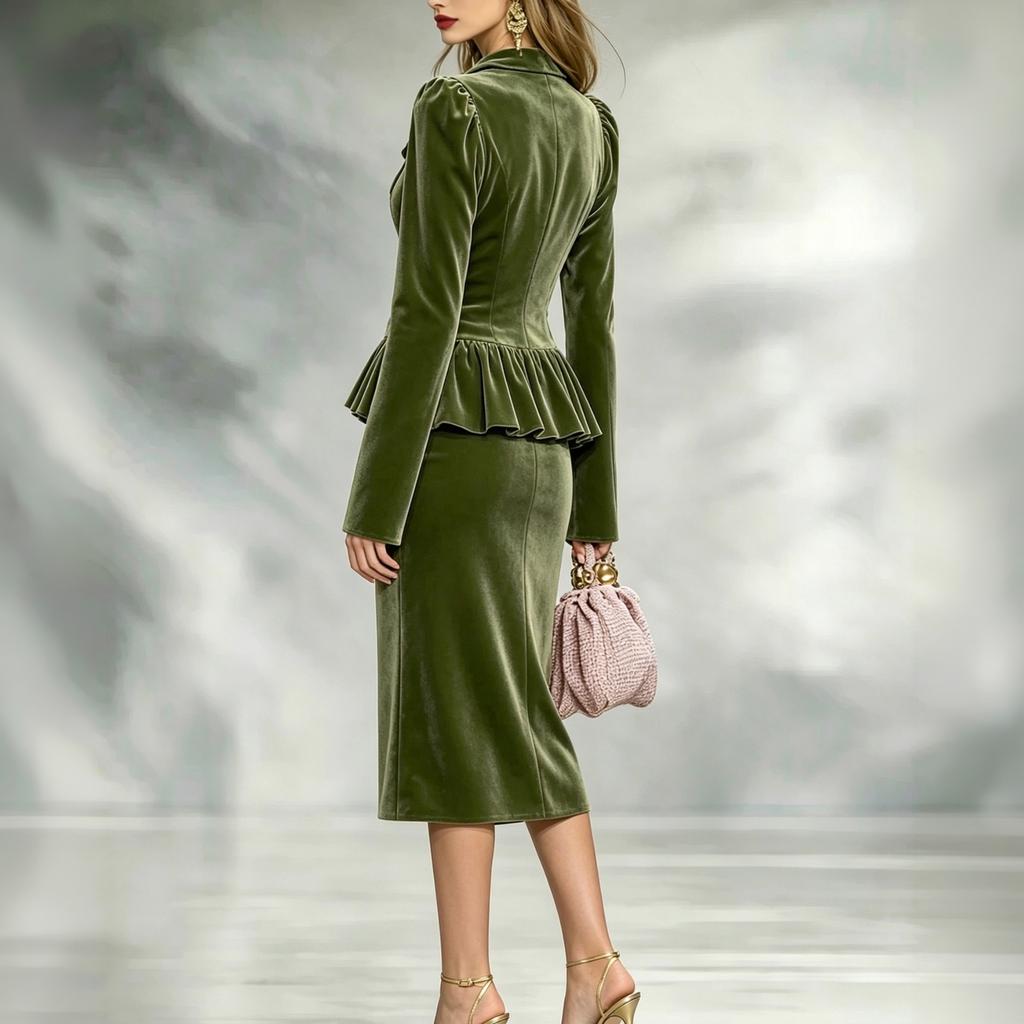 Women's Retro Velvet Two-Piece Set with Ruffle Collar and Waist-Cinching for Elegant Wear