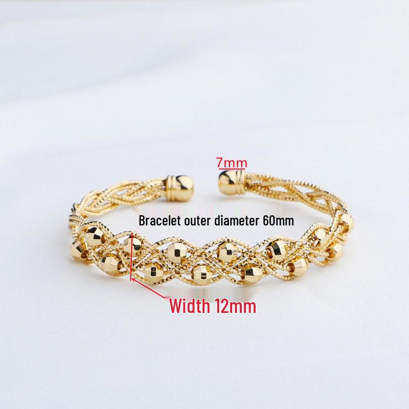 14K Gold Plated Engraved Pattern Bangle with Laser Bead - Handmade Wire Wrapped Bracelet Accessory.