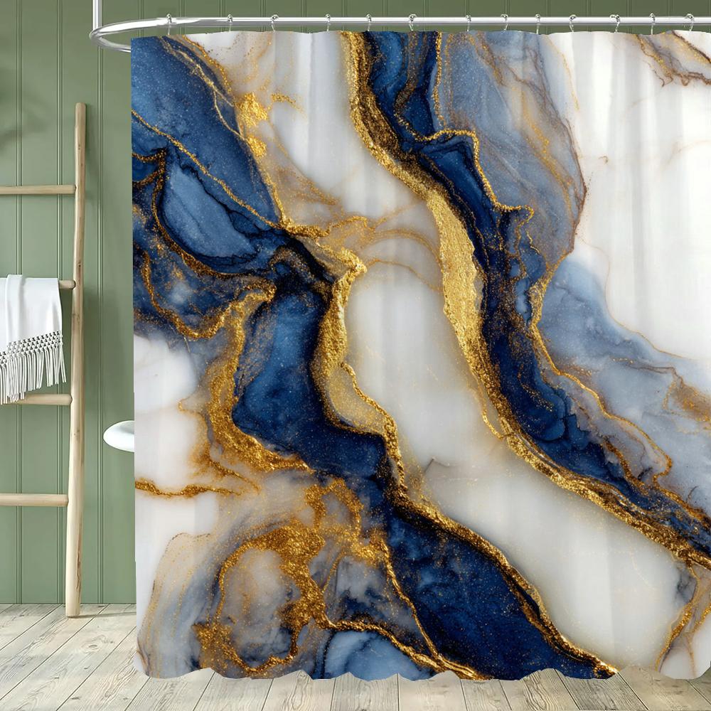 Blue Gold Textured Marble Shower Curtain Black White Natural Art Pattern Polyester Fabric Washable Shower Curtain Bathroom Decor