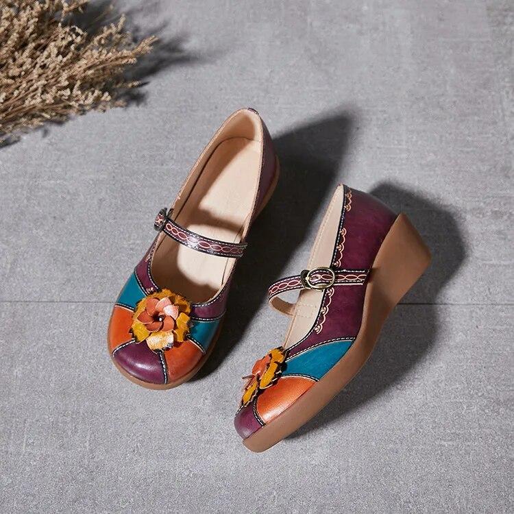 Johnature Vintage Flower Colour Wedges Sandals Genuine Leather Handmade Ethnic Style Comfortable Women Shoes
