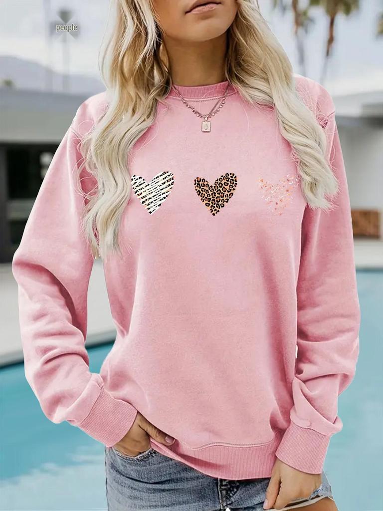Women's Casual Heart Print Pullover Sweatshirt - Long Sleeve, Round Neck