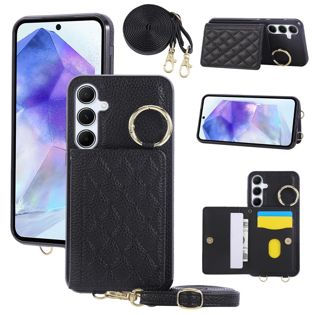For Samsung Galaxy S25+/S24+ Case Kickstand Rhombus Leather+TPU Phone Cover with Shoulder Strap