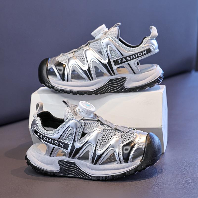 

Summer Breathable Twist Button Sneakers Vintage Patchwork Kids Running Shoes Casual Mesh for Boys and Girls Size 26 серебряный