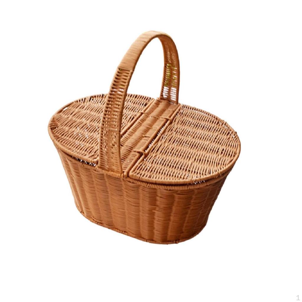 Picnic Basket with Lid Rattantype Handle HardSided for Storage, Shopping 45x30cm