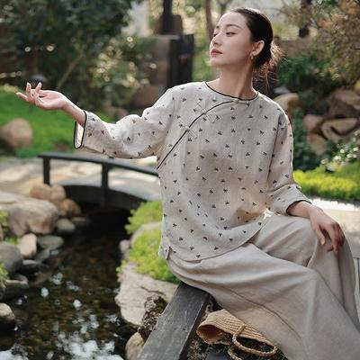 Femei stil chinezesc cămăși topuri O-Neck nouă mâneci bluze primăvară nasture pulover cămăși lejere