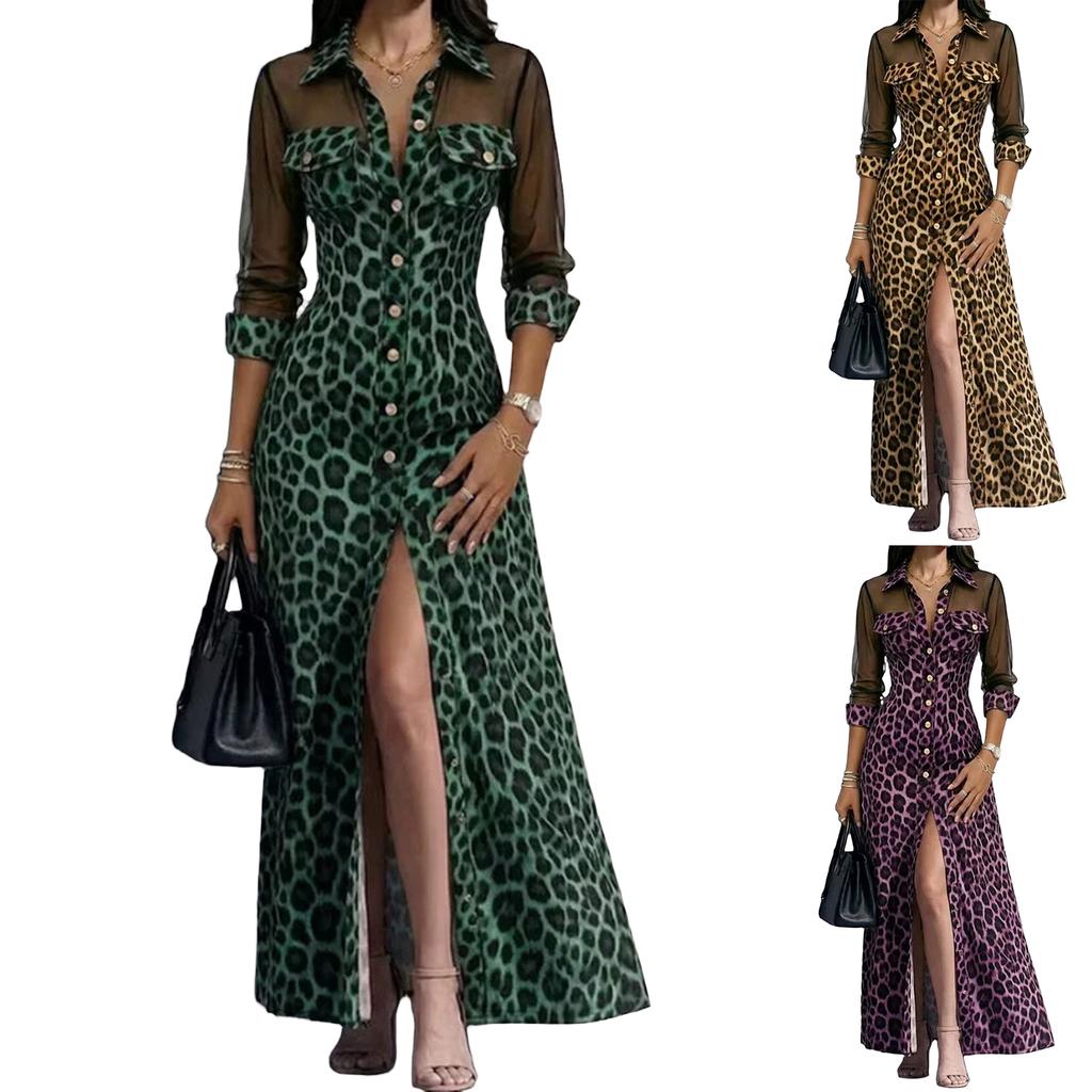 Women's Leopard Print Mesh Patchwork Long Sleeve Dress, Elegant Slim Fit with Slit for Party