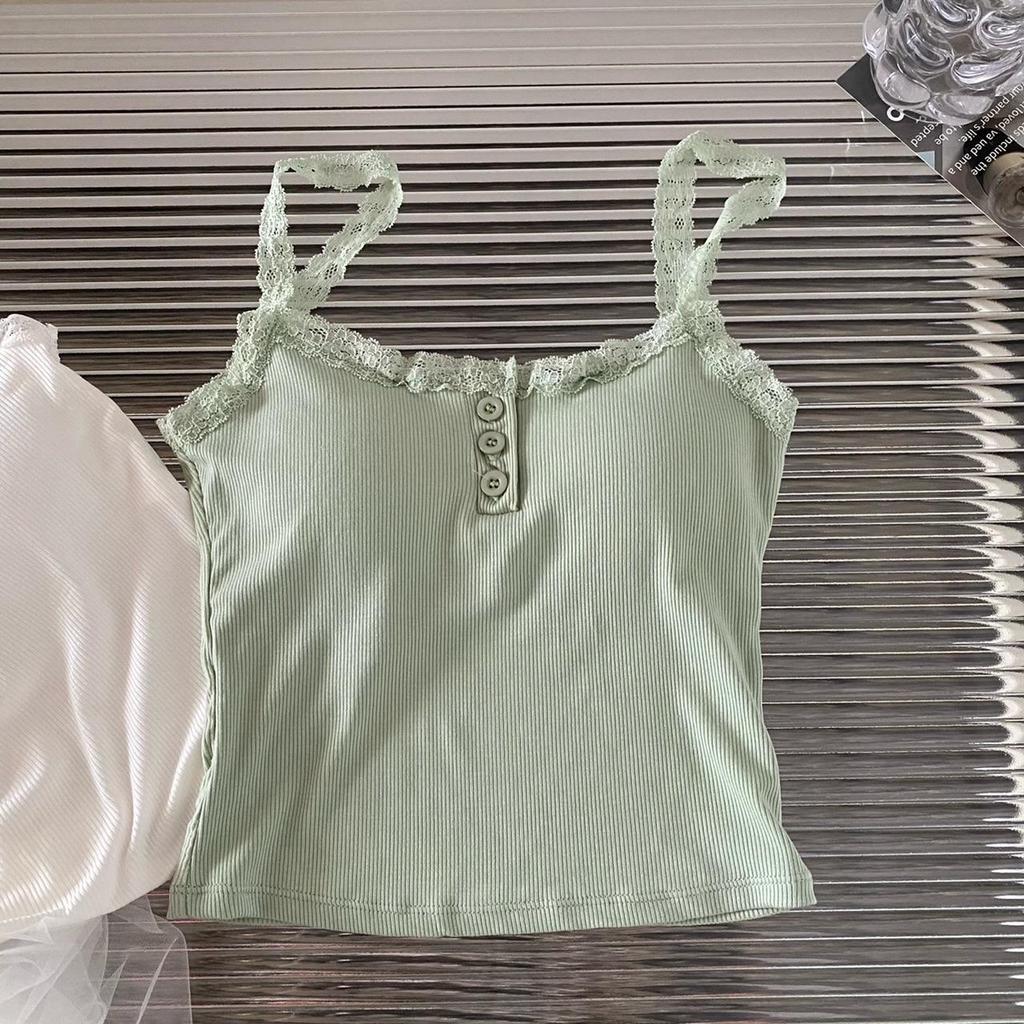 Elegantes geripptes Spitzen-Camisole mit Brustpolster - Weiche Baumwolle, Stilvolles Rückendesign