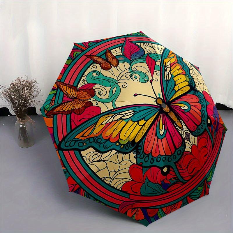 Colorful Butterfly Mandala Wall Art Decor Umbrella, Cute Umbrella with Cute Design, Portable 3-Fold Compact Umbrella for Men & Women, Valentine's Day