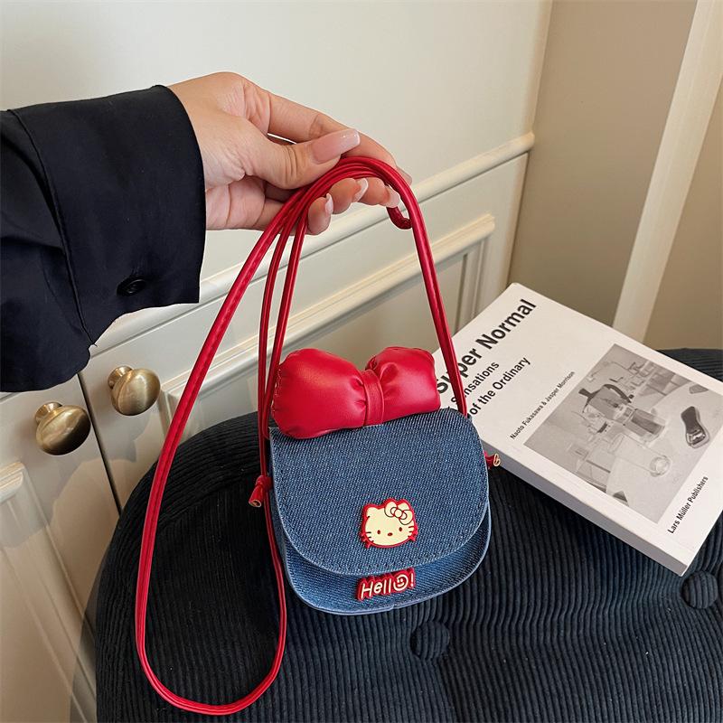 Cute Cat Bow Knot Denim Mini Wallet Fashionable Cartoon Crossbody Purse for Women KTB
