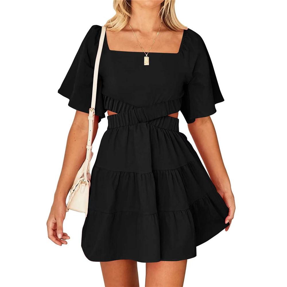 Women Summer Square Neck Short Sleeve Cutout Crossover Waist Casual Party  Tiered A-Line Mini Dress Buy cheaply on Joom