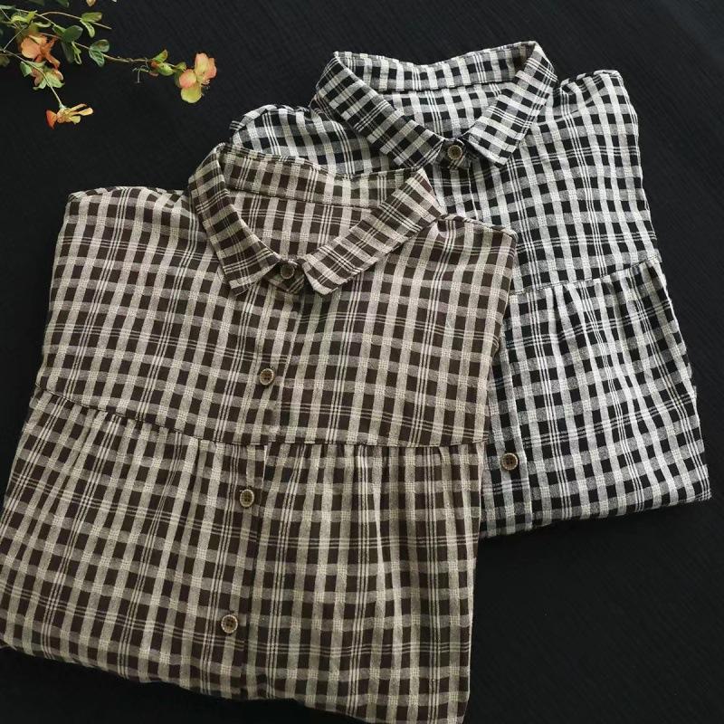 Autumn Japan and South Korea Loose Retro Cotton and Linen Large Size Casual Plaid Shirt