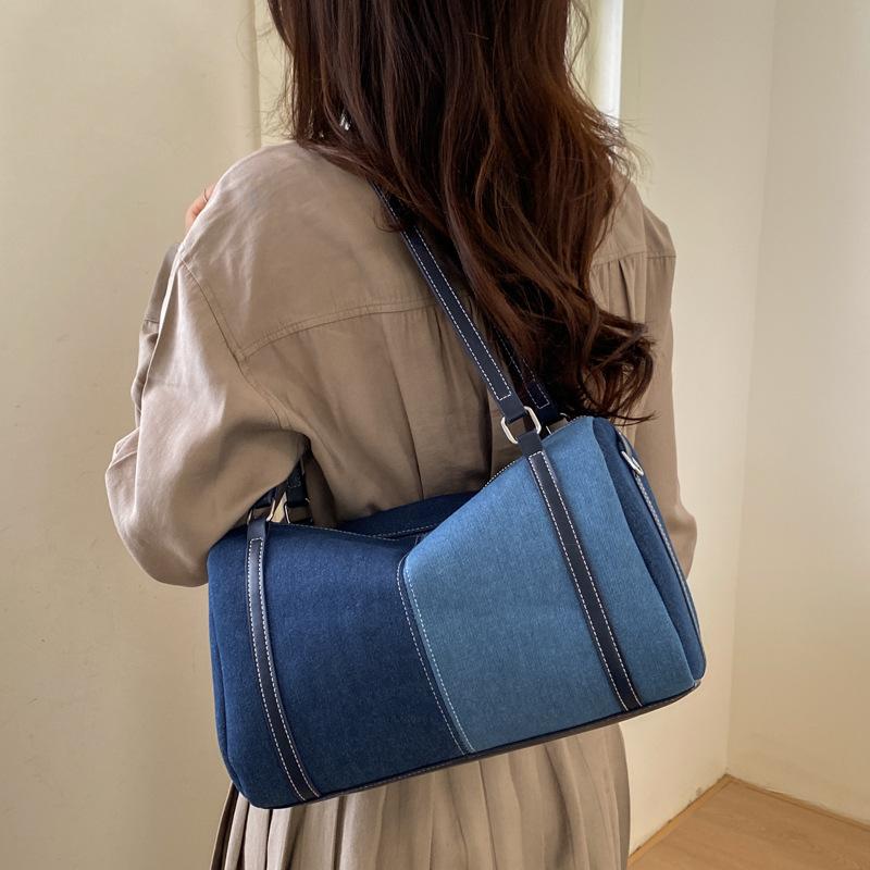Contrasting-color Boston Pillow Denim Bag with Large Capacity and Single-shoulder Crossbody Design