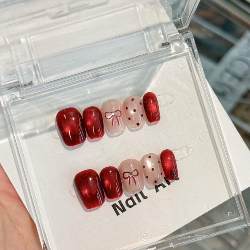 10Pcs Wine Red Cat Eye Press on Nails - Bow & Polka Dot Fake Nails XS