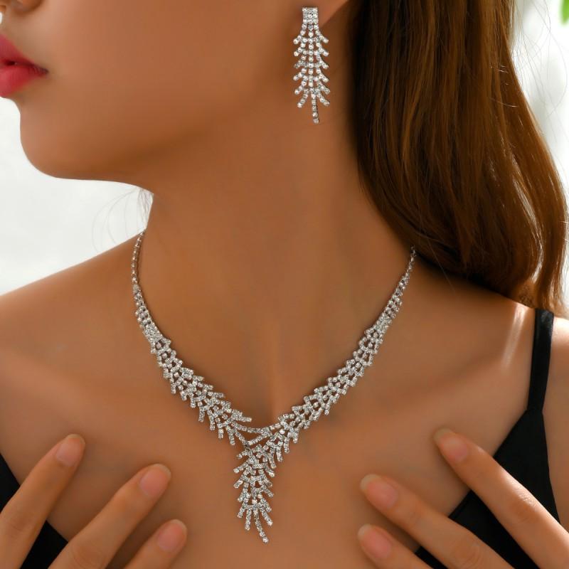 Elegant Crystal Claw Chain Necklace Earring Set Women - Tone Leaf Geometric Design Statement Jewelry Evening Gala