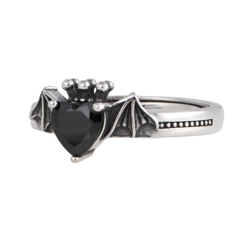 Adjustable Vintage Gothic Bat Wing Heart Zircon Ring Women Men Copper Statement Jewelry