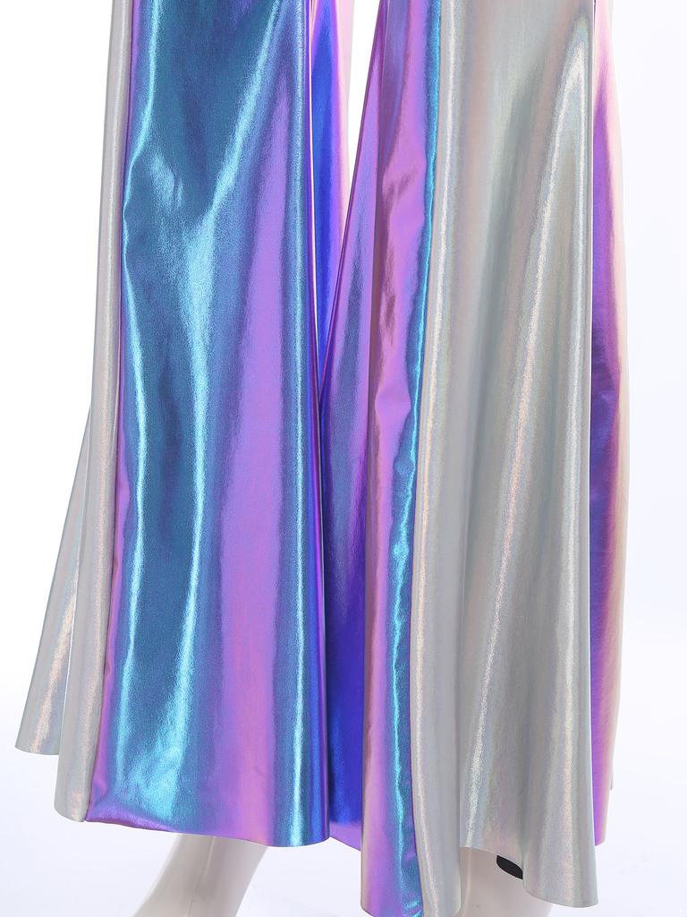 Womens Disco Jumpsuit 70s 80s Style Lapel V Neck Sleeveless Metallic Shiny Flared Pants Romper