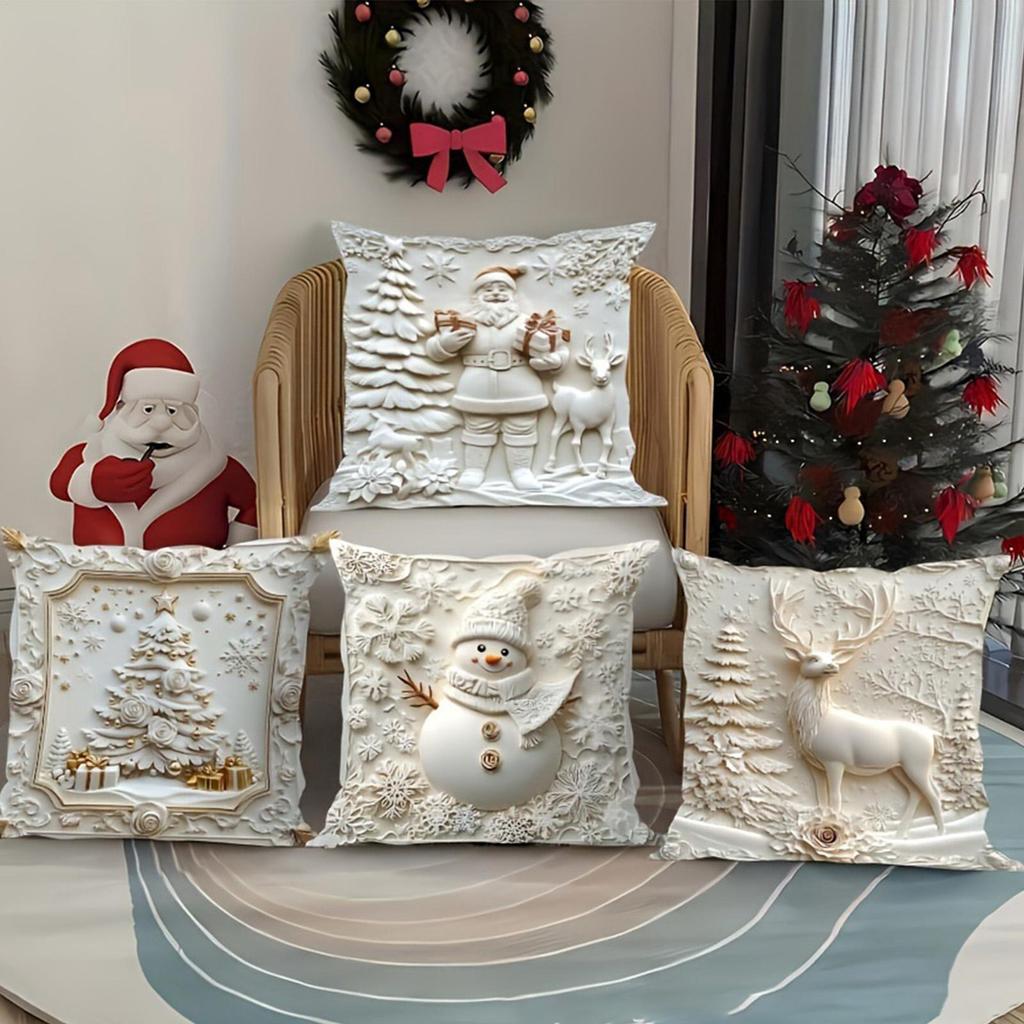 18x18 Inch Christmas Pillow Cases White Embossed Aesthetic Christmas Pillowcase 4 Pieces Christmas Couch Pillow Covers For Sofa