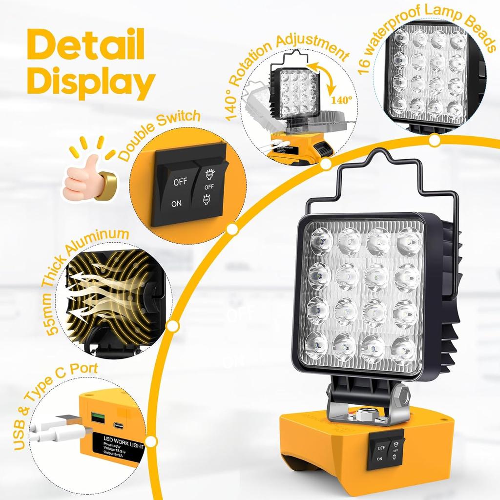 LED-Arbeitsleuchte für Dewalt- und Milwaukee-Akku, 48 W, tragbares Flutlicht, Taschenlampe, USB- und Typ-C-Ladelampe, Werkzeuge für die Baustelle