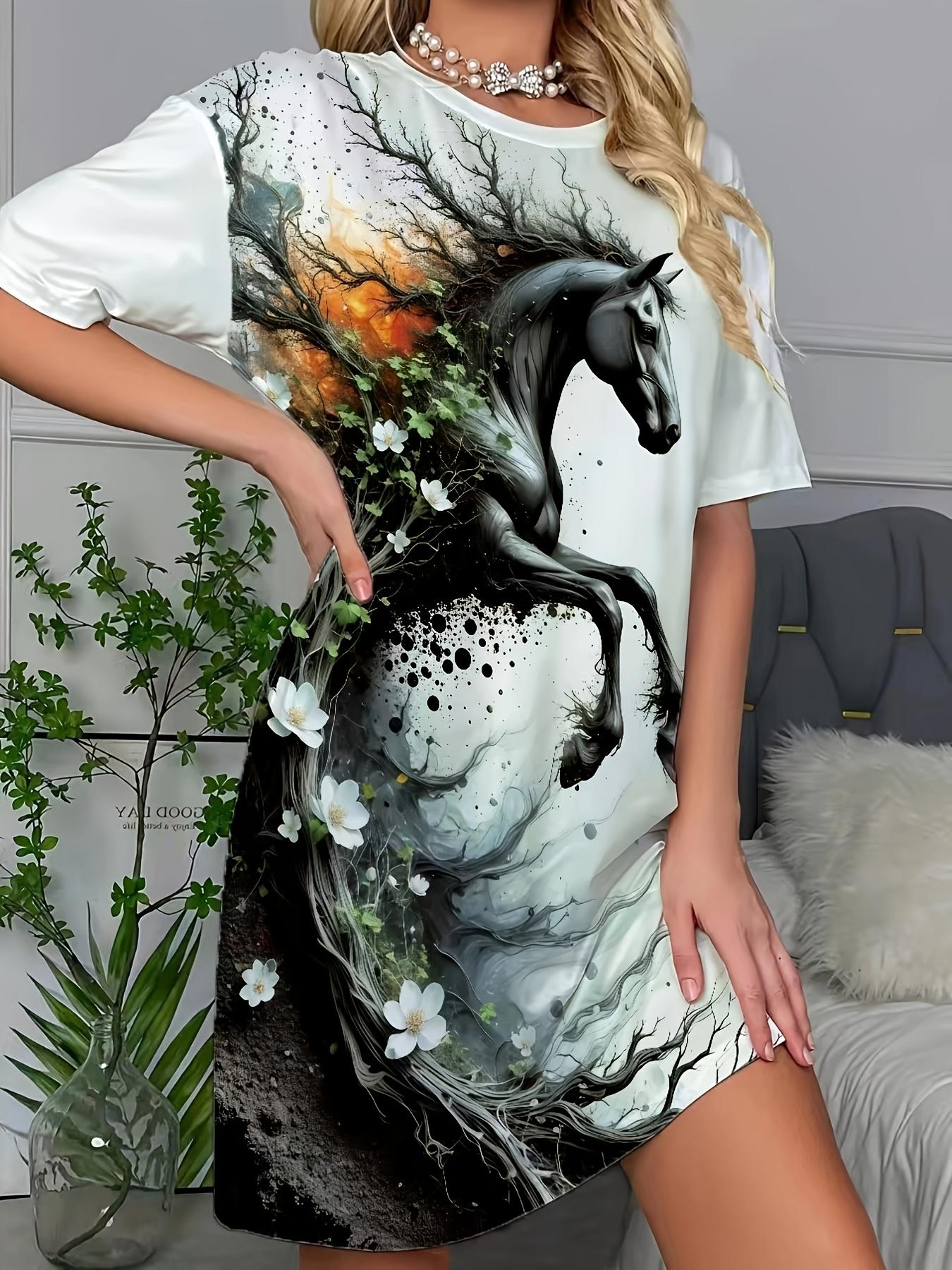 

Ink Wash Horse and Floral Print Loose T-Shirt Night Dress Casual Style. Crew Neck. Perfect for Adults. All-season Wear 6XL дубильная кора