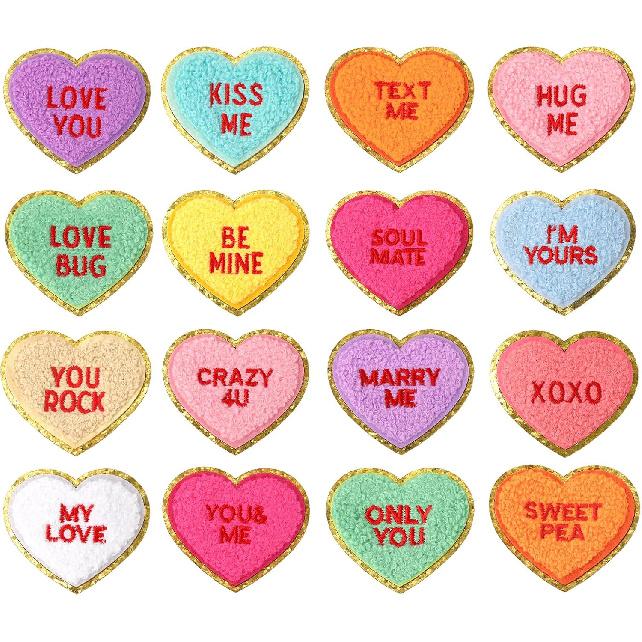 16Pcs Valentine s Day Iron On Patch Gold Edge Conversation Heart Chenille Patch Colorful Embroidered Heat Transfer Iron Patch for DIY Craft Clothing