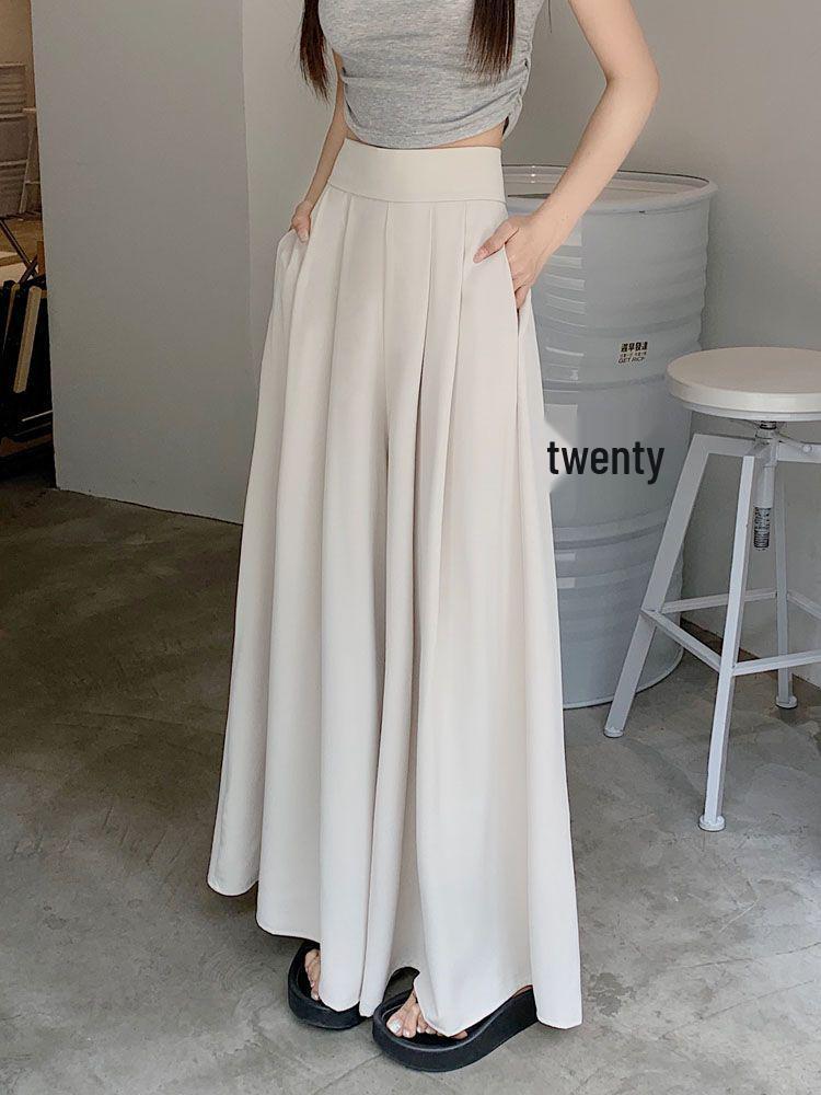 Plus Size High Waist Wide Leg Pleated Skirt-Pants for Women - Summer Loose Fit, Floor Length, Slimming, Casual Drape