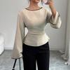 Women Long Sleeve Peplum Top Waist Cinched Flared Sleeve Crew Neck Casual Streetwear Blouse Fashion Basic Tunic Shirt