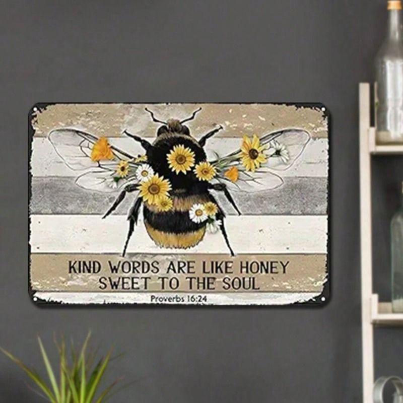 Vintage Metal Wall Art Sign, Kind Words Are Honey Quote, Rectangular Tin Poster for Home Decor