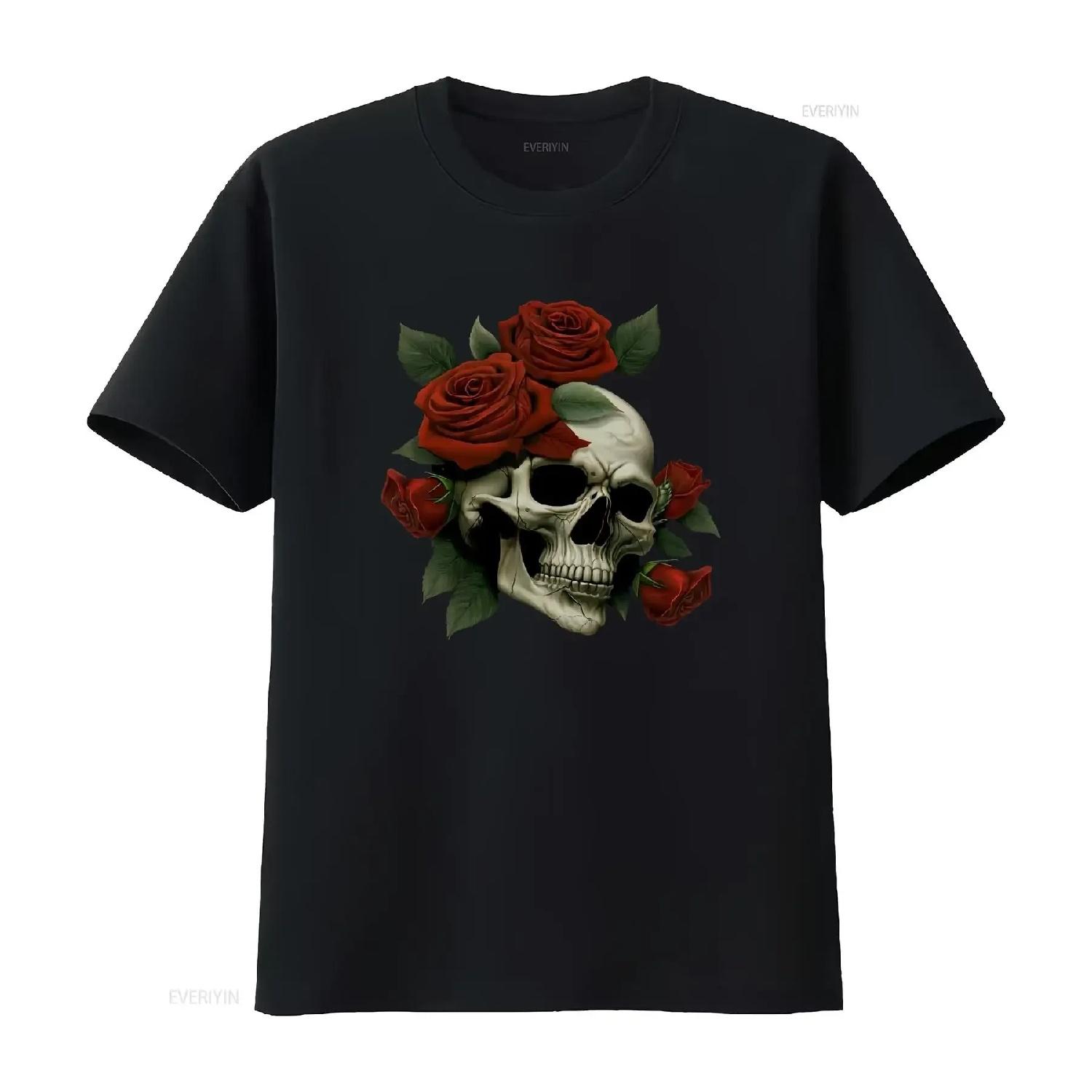 Skull With Red Roses T Shirt Rose Skeleton Vintage and Retro Floral Gothic Halloween Day of the Dead vintage Washed S чёрный