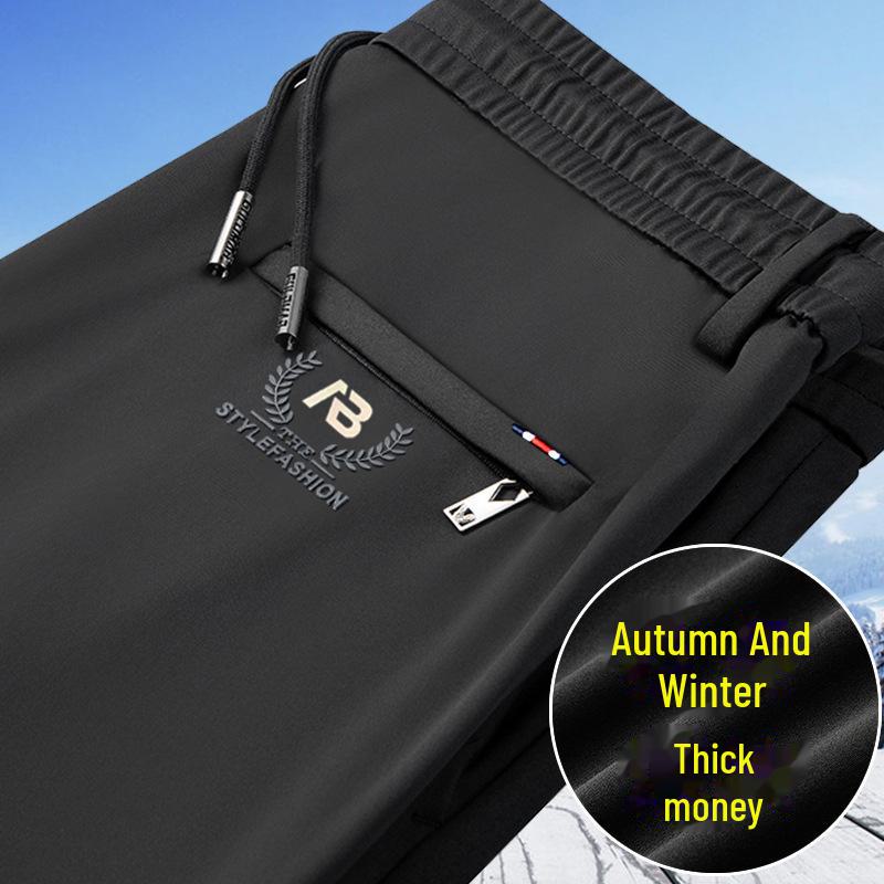 Men's Autumn/Winter Straight-Leg Stretch Pants - Thick, Elastic Waist, Loose-Fit Sports Trousers with Print
