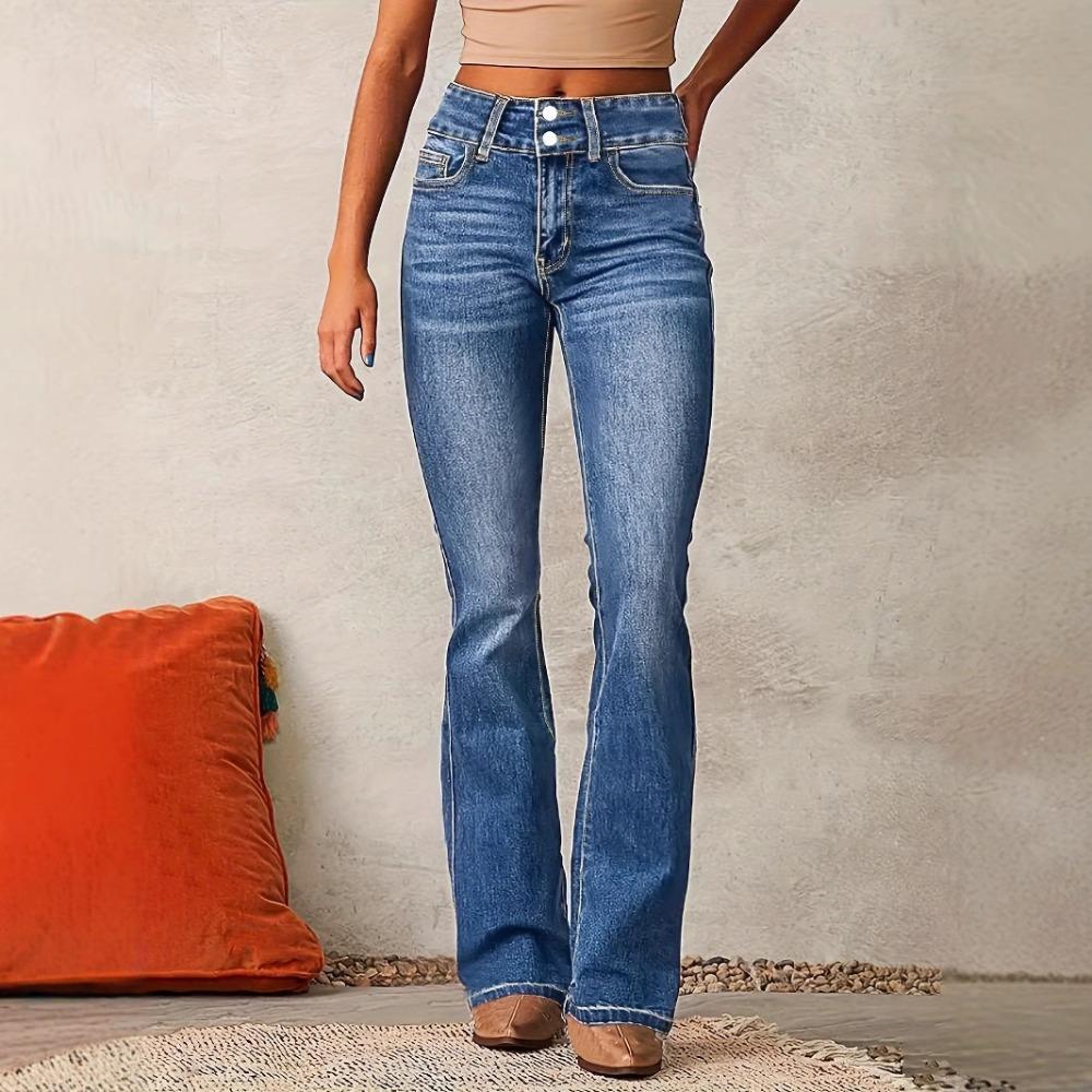 Damen Mittelhohe Schlagjeans Stretch Gewaschene Denimhose Elegante Streetwear Bootcut Jeans