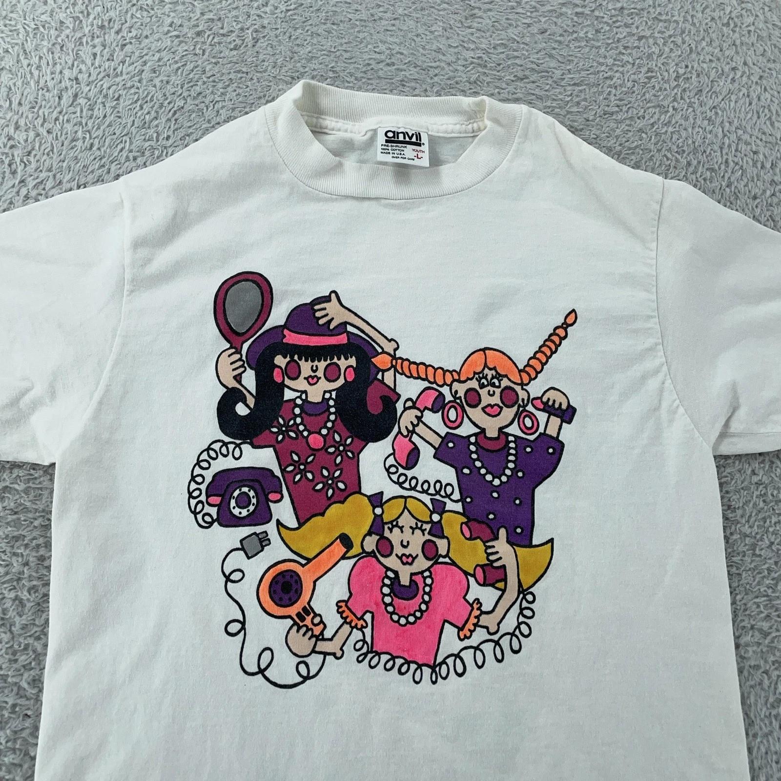 Vintage 90s Girls Beauty Salon Cartoon T-Shirt XXS Telephone Hair Graphic Art XL