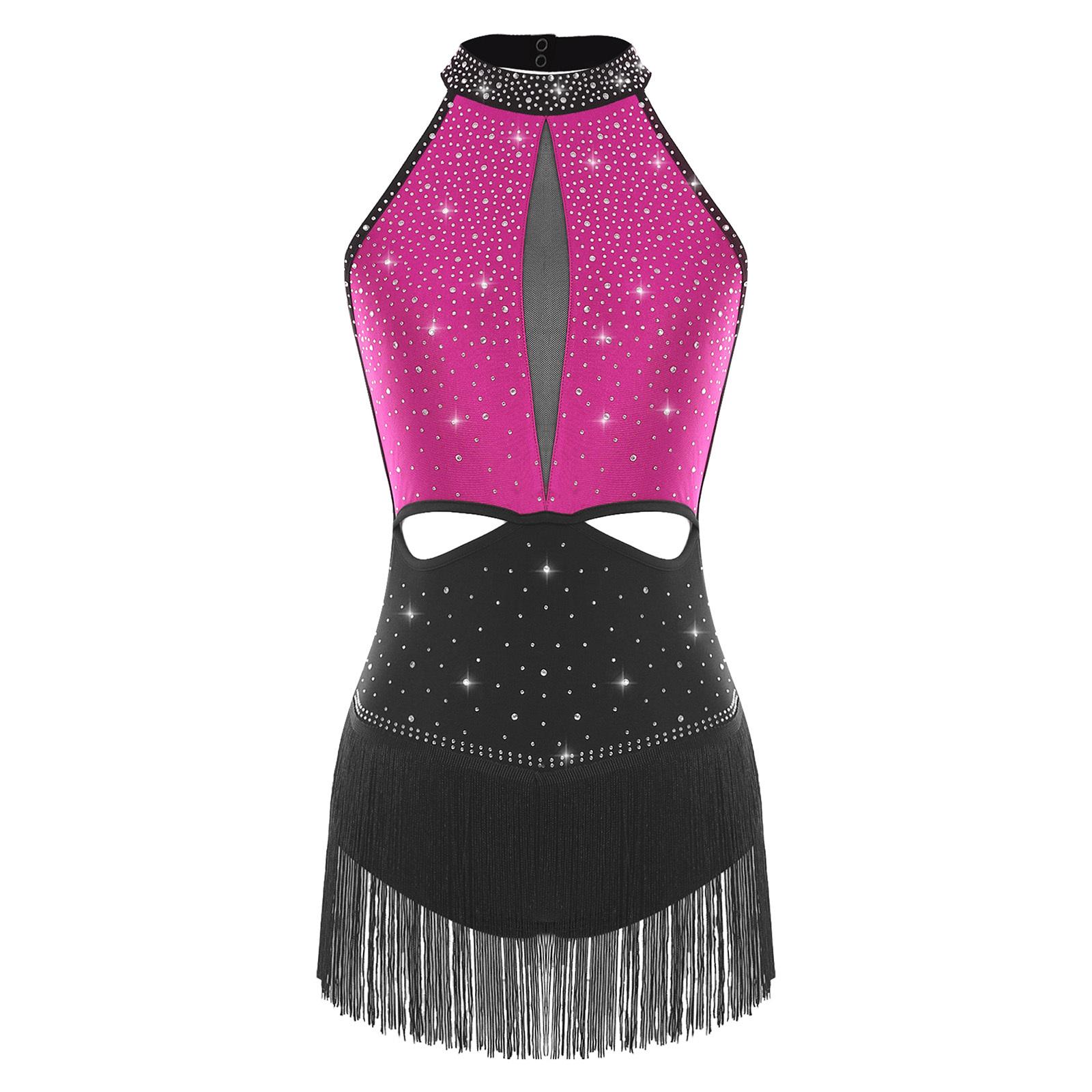 

Womens Latin Jazz Dance Leotard Allover Rhinestones Tassel Skirt Backless Contrast Color Bodysuit S