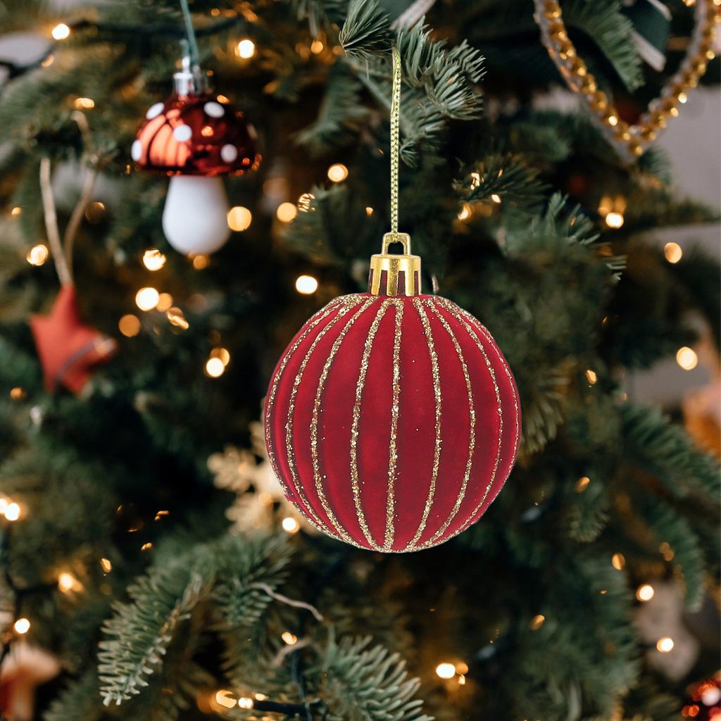 6Pcs Christmas Tree Hanging Ornaments Flocking Ball Pendant Festive Xmas Decor for Tree Home Party Hotel Mall Reusable