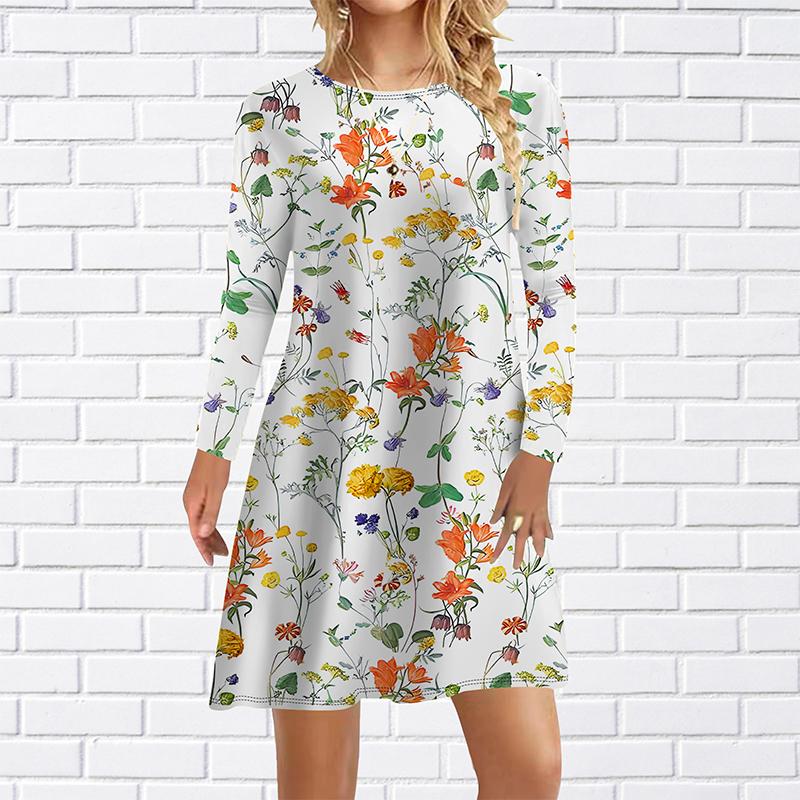 Women Casual Dress Autumn Orange Dazzling Flowers Print Dresses For Women O-neck Short Sleeve Dress Plus Size