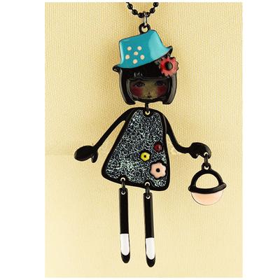 [R6265] - Designer Long Necklace 'Lilipoupettes' (articulated Doll) Blue - 80 Cm - 80x50 Mm