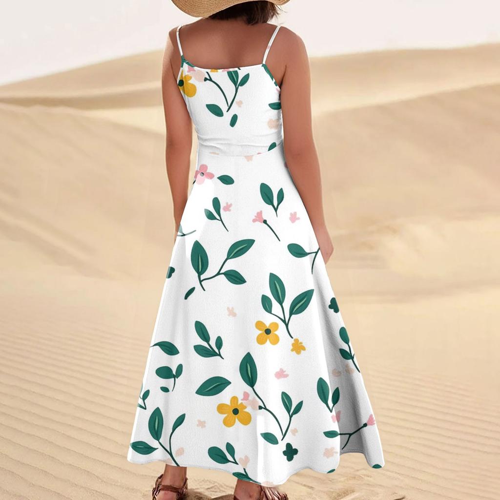 Women's Casual V Neck Floral Print Sleeveless Pocket Suspender Dress