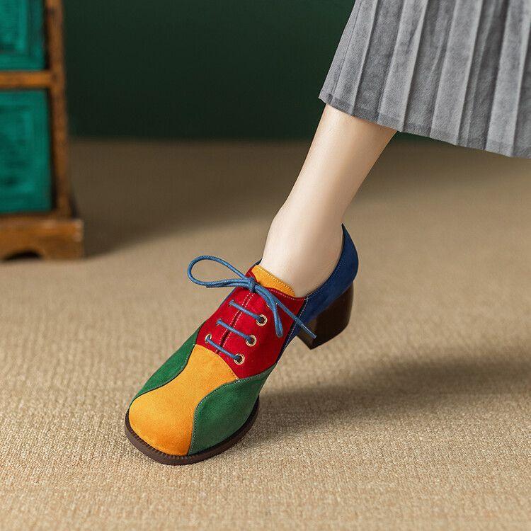 2025 nowe buty damskie głębokie wycięcie buty na średnim obcasie gruby obcas okrągły nosek kolorowe sznurowane modne krzyżowe paski damskie