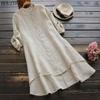 HOUZHOU Solid Cotton Linen Shirt Women Button Round Neck Long Sleeve Shirt Elegant Basic Office Ladies