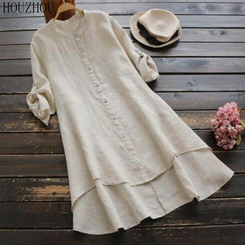 HOUZHOU Solid Cotton Linen Shirt Women Button Round Neck Long Sleeve Shirt Elegant Basic Office Ladies