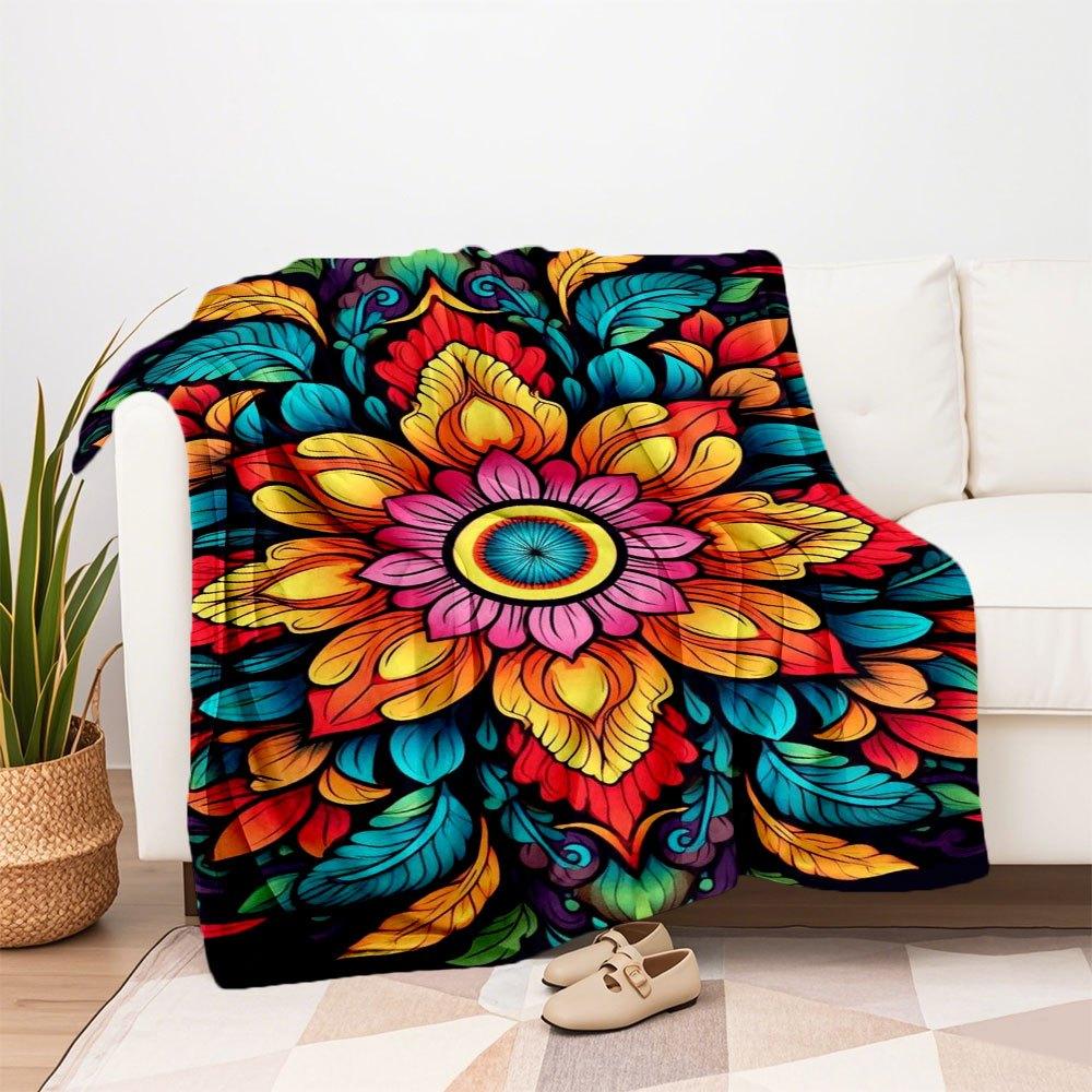 "Vibrant Mandala Art Print: Colorful Floral Design for Home Decor"Blanket Flannel Throw Blanket for Sofa, Bed, Travel, Camping, Office, Couc