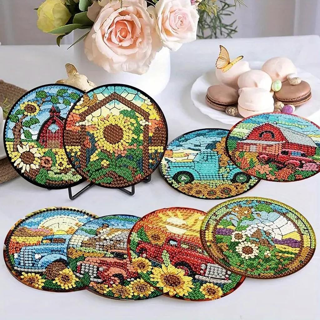 8 Pieces/set of Diamond Painted Car Pattern Coasters, DIY Coasters with Holder, Suitable for Beginners and Adults, Art and Craft Supplies Gifts