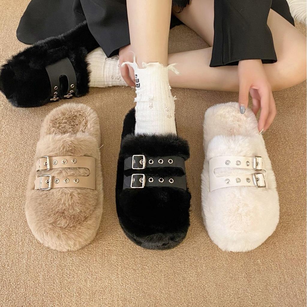 Baotou Thick-soled Fluffy Slippers Women's 2025 Autumn and Winter New Fashion Outer Wear Belt Buckle Fleece Warm Cotton Slippers