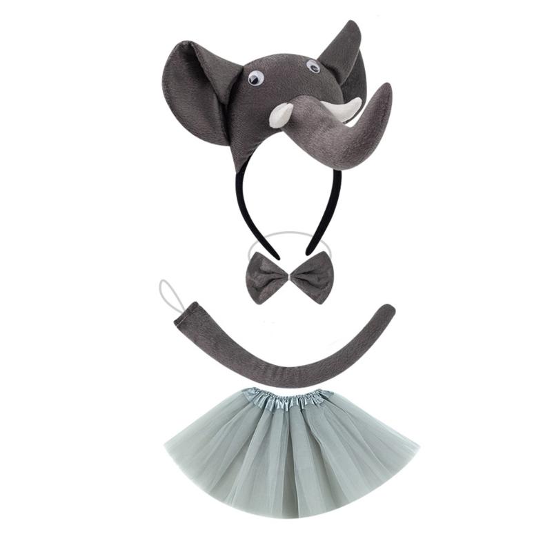 Kinder Elefantenkostüm Set Elefantenohren Stirnband Schwanz Fliege Tutu Handschuhe für Halloween Weihnachten Tier Cosplay Kostümsets