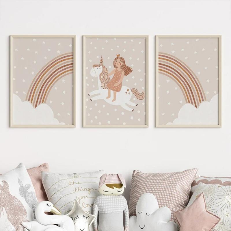 Boho Cartoon Girls Horse Rainbow Heart Wall Art Nordic Posters Pictures For Kids Room Home Decor Nursery Canvas Prints Painting