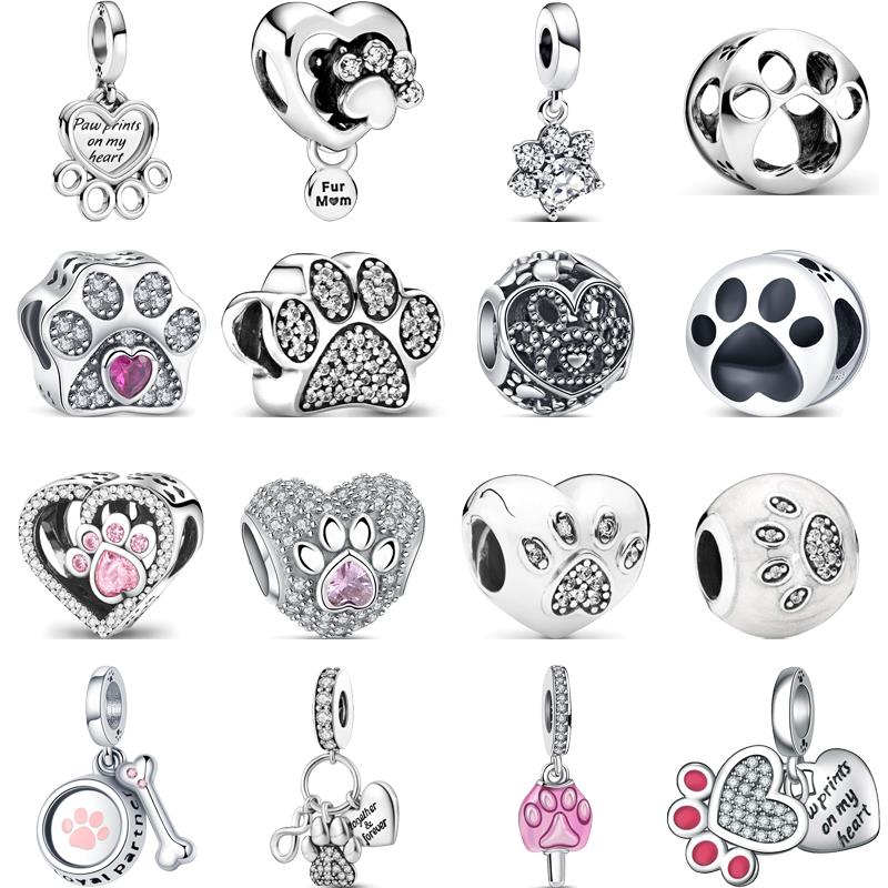 925 Sterling copper Cute Animals Dog Paw Print Pendant Love Heart Beads Fit Original Pantaro Charms Bracelet DIY Zircon Making
