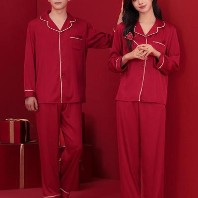 High-Grade Red Silk Wedding Pajama Set for Couples - Colorfast, Zodiac Theme, Spring & Autumn Style