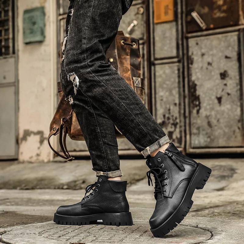 New Luxury Brand Black Men Genuine Leather Boots Fashion Lightweight Biker Boots Men Comfy Casual Outdoor Antiskid Ankle Boots