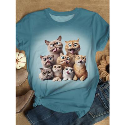 Zabawny T-shirt z nadrukiem kota z krótkim rękawem i okrągłym dekoltem