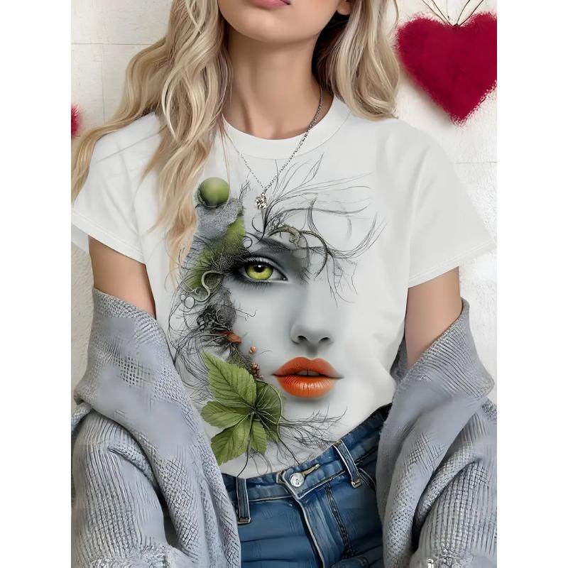 Summer T-shirt Ladies Abstract Art Portrait 3d Printing Fashion Casual Tops Contrast Color Design Women's Clothing