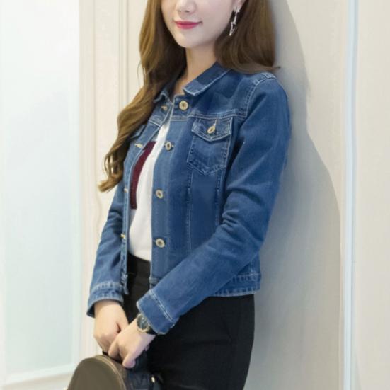 Damen Kurze Jeansjacke Slim Umlegekragen Langarm Knopfleiste Denim Oberbekleidung